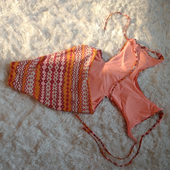 Aerie AE Monokini One Piece String Cut Out High Waisted Orange Bikini Swimsuit - Picture 4 of 5